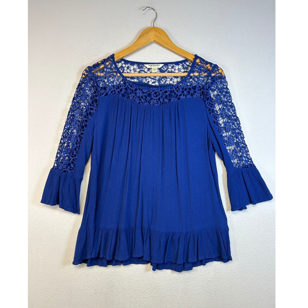 Boho Festival Tantrums Women LG Cobalt Blue Crochet Lace Bell Sleeve Ruffle Top‎